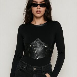 Manière De Voir Faux Leather Corset Bodysuit XL Black Edgy Zip Snap Clubwear Y2K